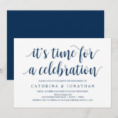 ネービモダンー·ブルー·スクリプト、婚約パーティ 招待状 (正面/裏面)