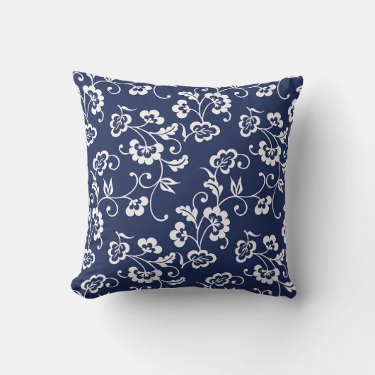 ネービーと白い花柄 クッション (正面)