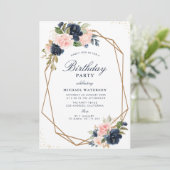ネービーと赤面の水彩フローラの幾何学的誕生日 招待状 (スタンド正面)