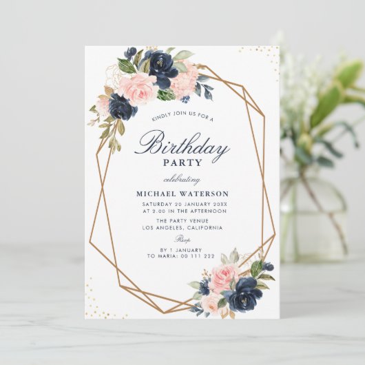 ネービーと赤面の水彩フローラの幾何学的誕生日 招待状 (スタンド正面)