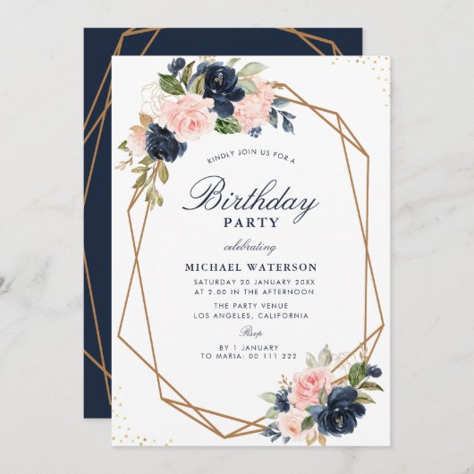 ネービーと赤面の水彩フローラの幾何学的誕生日 招待状 (正面/裏面)