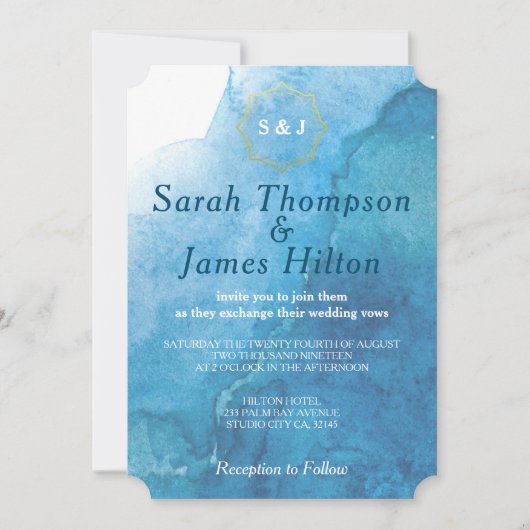 ネービーアンドホワイトウォーターカラービーチ結婚式 招待状 (正面)