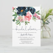 ネービーアンド赤面ピンク開花フローラブライダルシャワー 招待状 (スタンド正面)