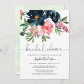 ネービーアンド赤面ピンク開花フローラブライダルシャワー 招待状 (正面/裏面)