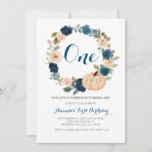 ネービーグリーンリー秋ホワイトパンプキン1歳の誕生日 招待状 (正面)