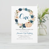 ネービーグリーンリー秋ホワイトパンプキン1歳の誕生日 招待状 (スタンド正面)