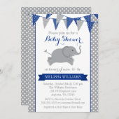 ネービーグレーエレファント水玉模様バンティングベビーシャワー 招待状 (正面/裏面)