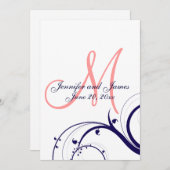 ネービーコーラルスワールモノグラム結婚式招待状 招待状 (正面/裏面)