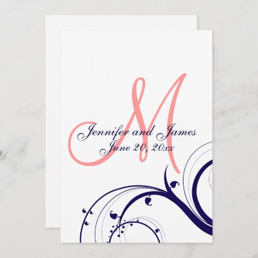 ネービーコーラルスワールモノグラム結婚式招待状 招待状 (正面/裏面)