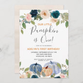 ネービーパンプキンウォーターカラー第1誕生日招待状 招待状 (正面/裏面)