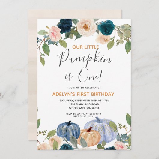 ネービーパンプキンウォーターカラー第1誕生日招待状 招待状 (正面/裏面)