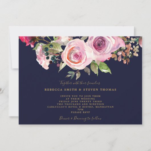 ネービーパープルバラフローラ結婚式招待状 招待状 (正面)