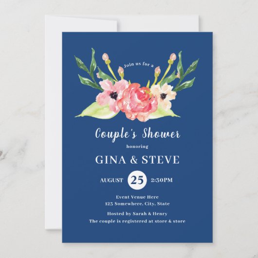 ネービーピンクオレンジ水彩フローラカップルのシャワー 招待状 (正面)
