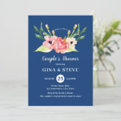 ネービーピンクオレンジ水彩フローラカップルのシャワー 招待状 (スタンド正面)