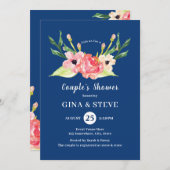 ネービーピンクオレンジ水彩フローラカップルのシャワー 招待状 (正面/裏面)