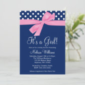 ネービーピンクボウ水玉模様ベビーシャワー招待状 招待状 (スタンド正面)