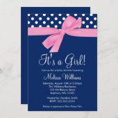 ネービーピンクボウ水玉模様ベビーシャワー招待状 招待状 (正面/裏面)