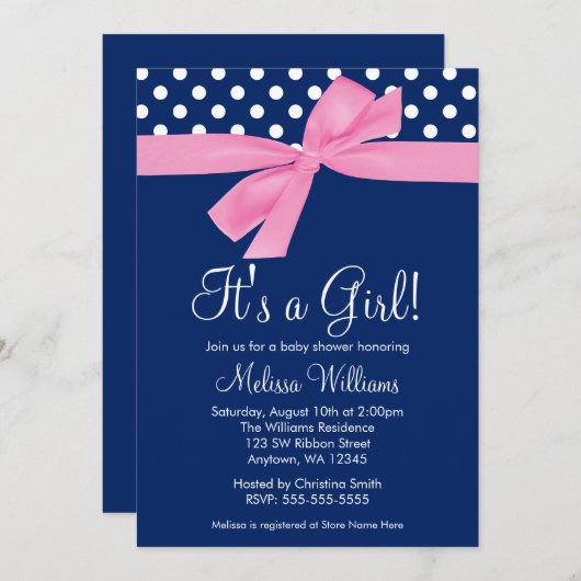 ネービーピンクボウ水玉模様ベビーシャワー招待状 招待状 (正面/裏面)
