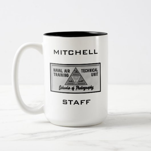 ネービーフォトスクールサイン#1ツートーンマグ、15オンス ツートーンマグカップ (左)