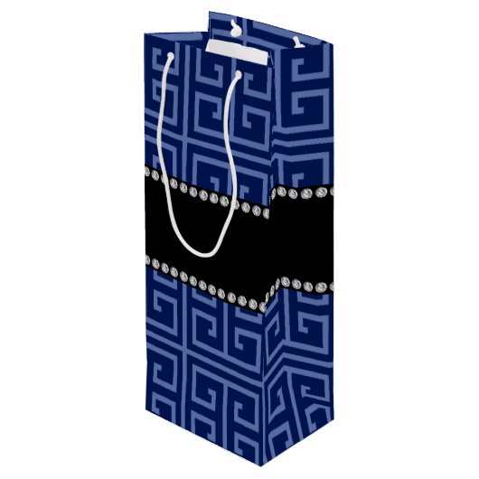 ネービーブパーソナライズされたルーギリシャ語の鍵パターン ワインギフトバッグ (裏面アングル)