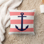 ネービーブルーいかりオンフラミンゴピンクストライプ クッション (ブランケット)
