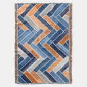 ネービーブルーとオレンジのヘリンボーンパターン スローブランケット (正面縦)