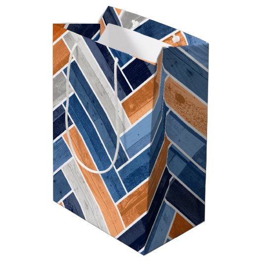 ネービーブルーとオレンジのヘリンボーンパターン ミディアムペーパーバッグ (裏面アングル)