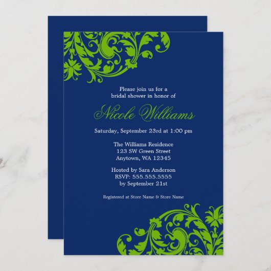 ネービーブルーとグリーンスワールのフローブライダルシャワー 招待状 (正面/裏面)