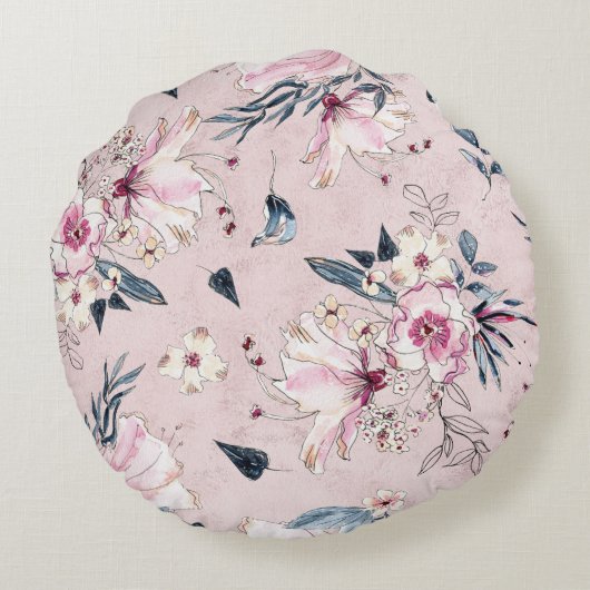 ネービーブルーと赤面の水彩花がピロを投げる ラウンドクッション (裏面)