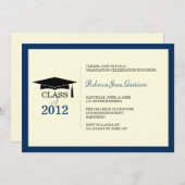 ネービーブルーのベージュ色キャップタッセル卒業発表 招待状 (正面/裏面)