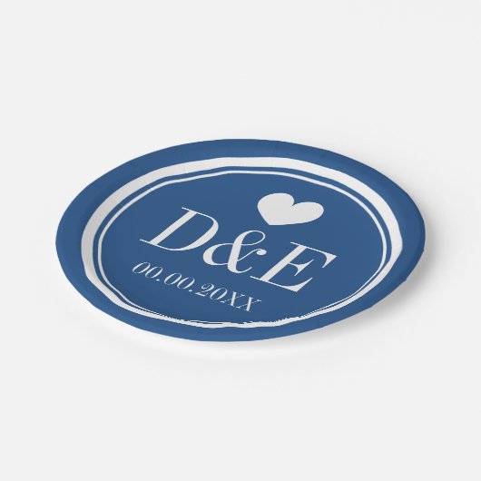 ネービーブルーのモノグラム結婚パーティー紙プレート ペーパープレート (アングル)