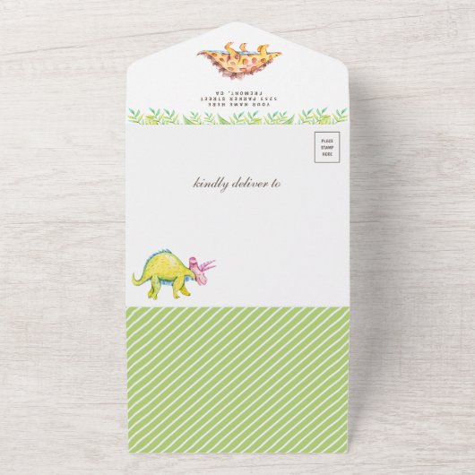 ネービーブルーの水彩かわいい恐竜のベビーシャワー オールインワン招待状 (外側)