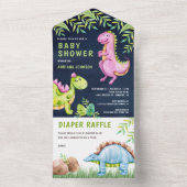 ネービーブルーの水彩かわいい恐竜のベビーシャワー オールインワン招待状 (内側)