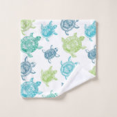 ネービーブルーアクアライムグリーンシータートルズパターン バスタオルセット (ウォッシュタオル)