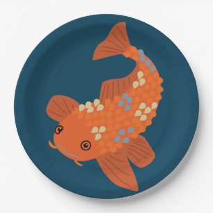 ネービーブルーアンドオレンジスイミングコイ金魚 ペーパープレート