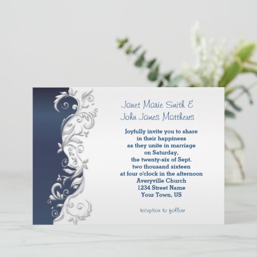 ネービーブルーアンドホワイトフロリド結婚式招待状 招待状 (スタンド正面)