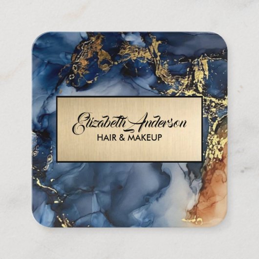 ネービーブルーアンド金ゴールドグリッターマーブルアゲモダンート スクエア名刺 (正面)