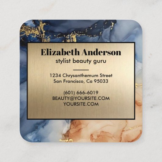 ネービーブルーアンド金ゴールドグリッターマーブルアゲモダンート スクエア名刺 (裏面)