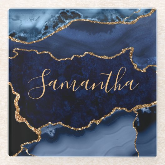 ネービーブルーアンド金ゴールドフェイクグリッターマーブルゲート ガラスコースター (正面)