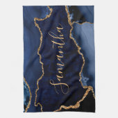 ネービーブルーアンド金ゴールドフェイクグリッターマーブルゲート キッチンタオル (縦)