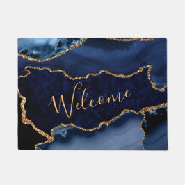 ネービーブルーアンド金ゴールドフェイクグリッターマーブルゲート ドアマット