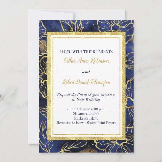 ネービーブルーアンド金ゴールドフローラ結婚式招待状 招待状 (正面)