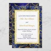 ネービーブルーアンド金ゴールドフローラ結婚式招待状 招待状 (正面/裏面)