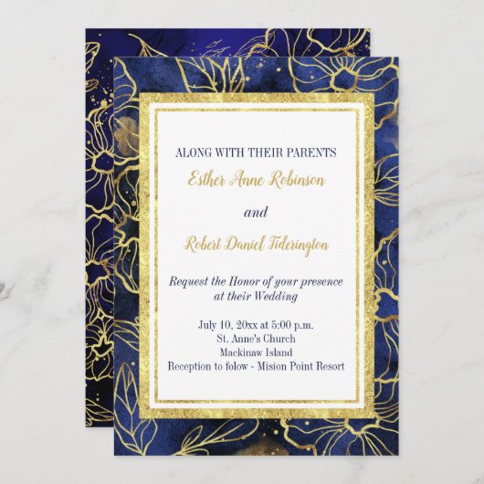 ネービーブルーアンド金ゴールドフローラ結婚式招待状 招待状 (正面/裏面)