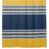 ネービーブルーイエロー金ゴールドホワイトパターン(の模様が)あるストライプ  シャワーカーテン (正面)