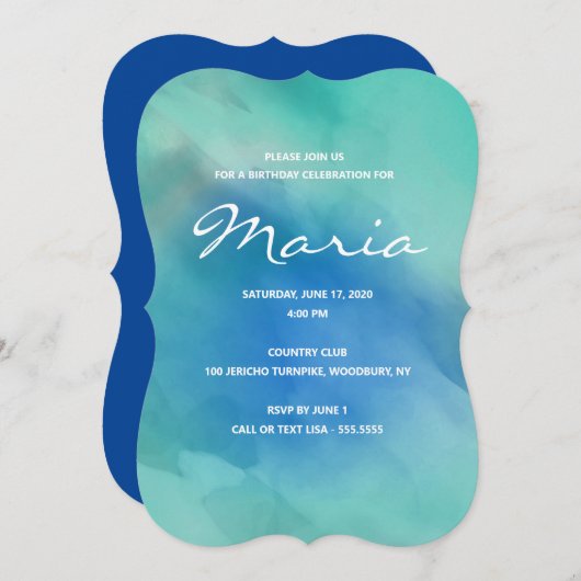 ネービーブルーウォーターカラーグラデーション誕生日招待状 招待状 (正面/裏面)