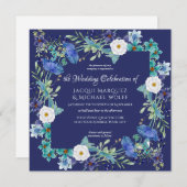 ネービーブルーウォーターカラーポピーフラワーフローラズ結婚 招待状 (正面/裏面)