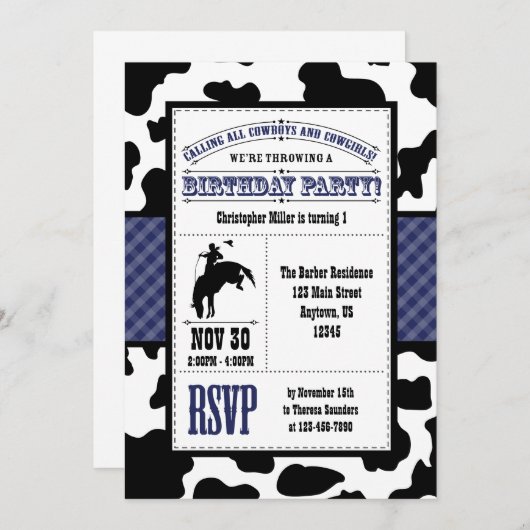 ネービーブルーコーハイドカウボーイ誕生日招待状 招待状 (正面/裏面)