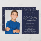 ネービーブルーシルバーファースト聖体拝領写真 招待状 (正面/裏面)