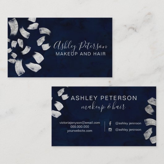 ネービーブルーシルバーブラシストローク化粧タイポグラフィ 名刺 (正面/裏面)